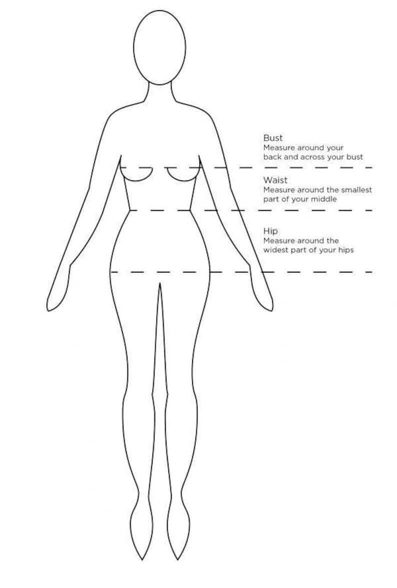 May include: A line drawing of a female figure with dashed lines indicating where to measure bust, waist, and hip.