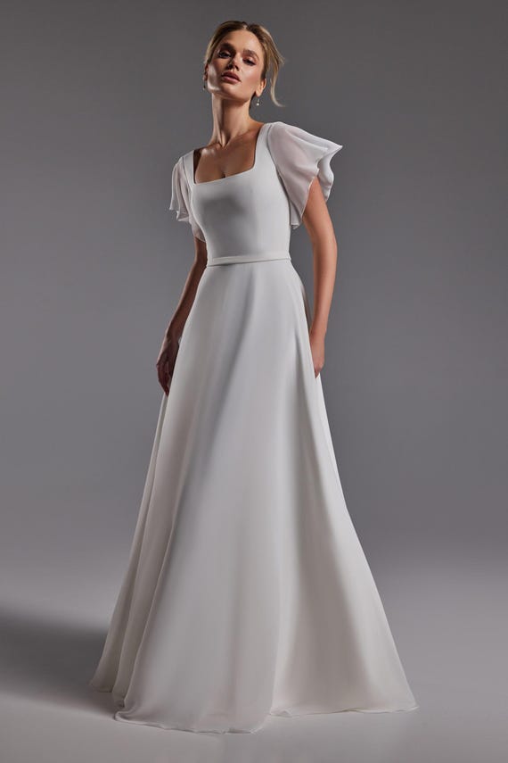blue dress for baby girl Flutter Sleeve Ruched Waist High-Low Chiffon Wedding Guest Dress main image 1