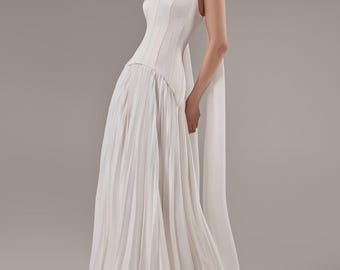 Ivory Satin Corset Wedding Dress Aphrodite: Silk Pleated Skirt, Strapless Gown