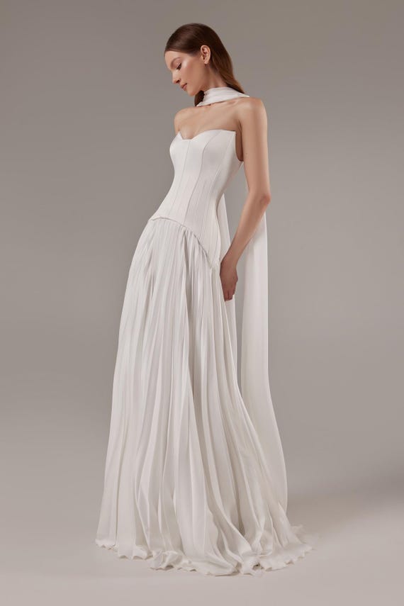 white dress pleated skirt Saralyn | Bandeau Maxi With Pleated-Skirt Our Lna Pleated Midi Dress is cut from stretch satin Klein Convertible Short-Long Dress with