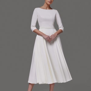 Midi Crepe Wedding Dress Adri: Modest A-Line Bridal Gown