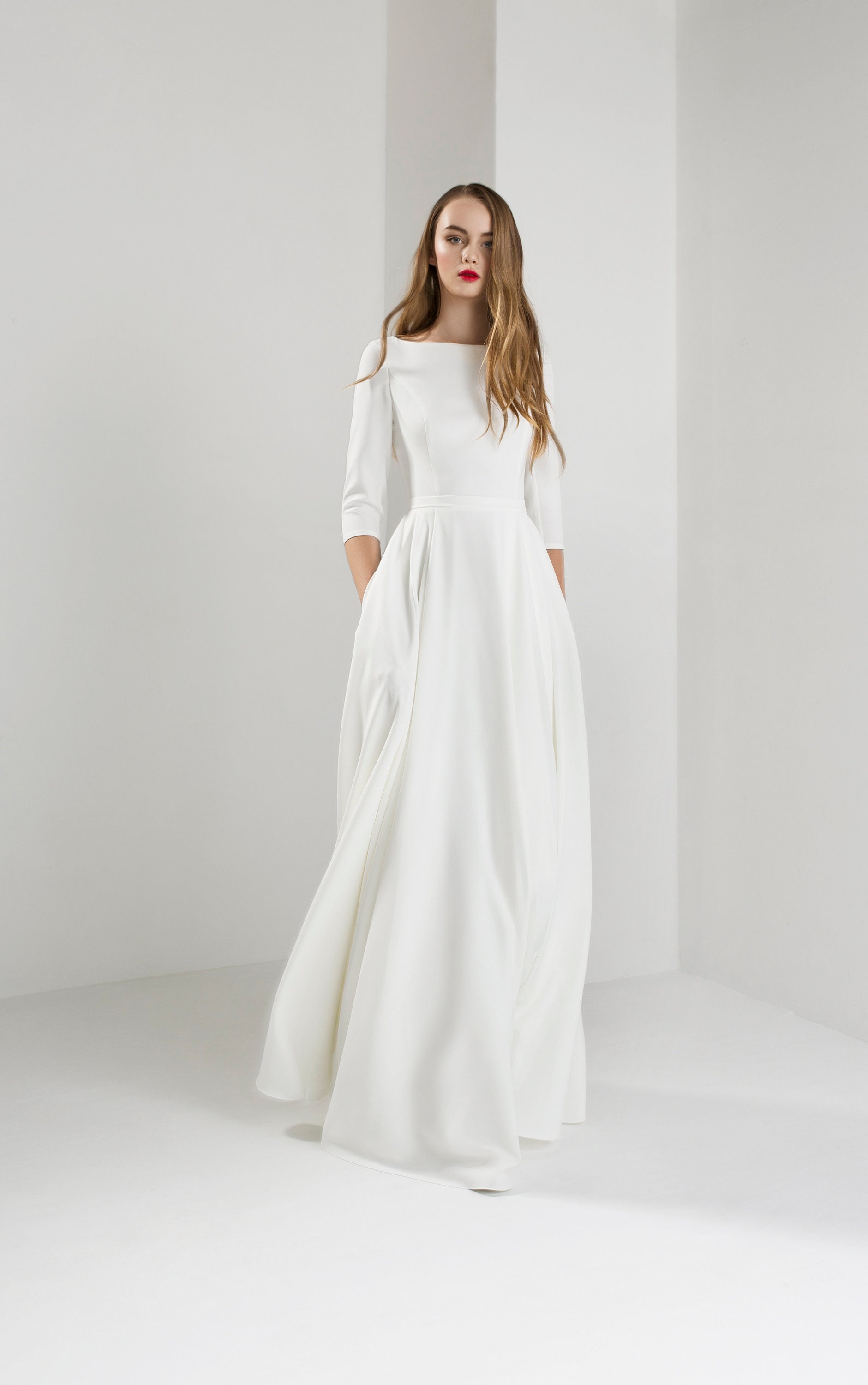 Modest Wedding Dress ADRI. Crepe Wedding Dress Boat Neckline - Etsy UK