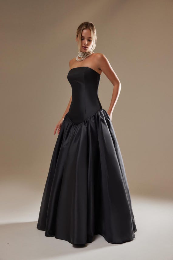Drop Waist Strapless Satin Gown Francesca: A-line Silhouette Black Wedding Dress
