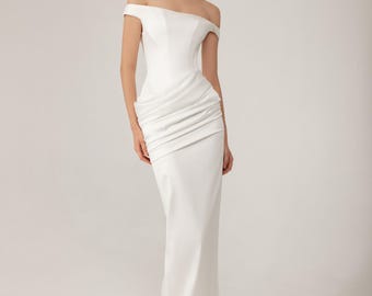 Weißes Satin Off-the-Schulter Brautkleid Kaira: Geraffte Taille, Hoch Geschlitzt