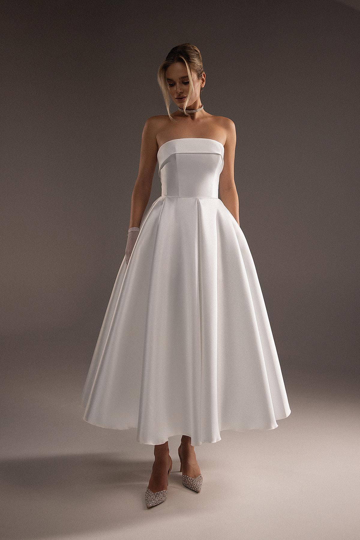 Strapless Mikado A-Line Midi Wedding Dress Sophie: Modern Civil Wedding