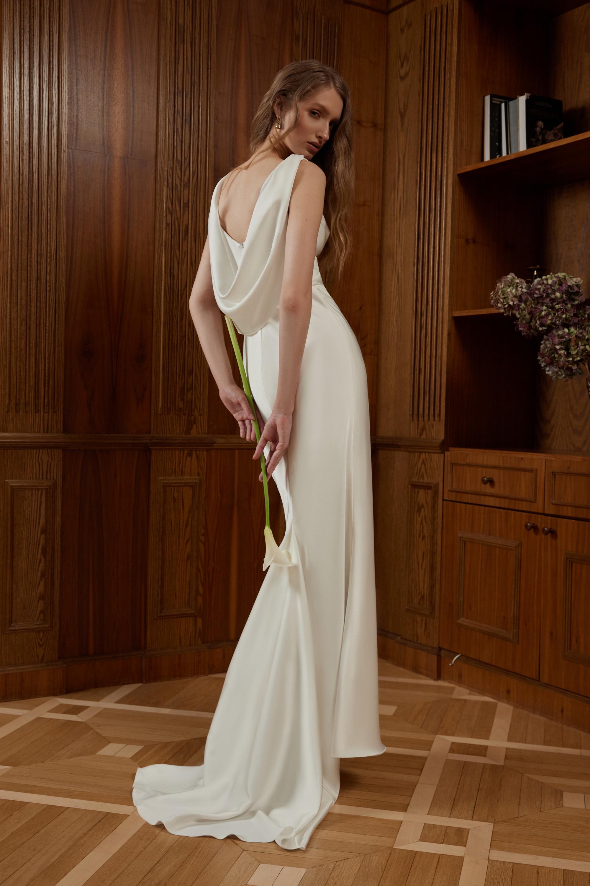 elegant petite cowl back sheath wedding dress reviews Cowl Neck White Satin Wedding Dress Lea: Fit & Flare Minimalist Gown