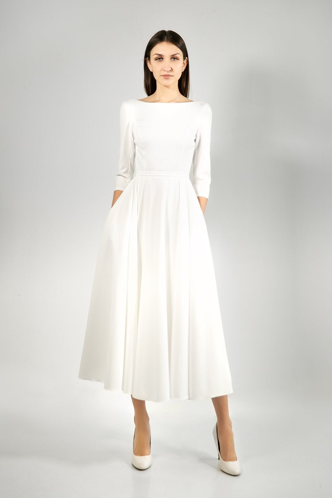 Crepe Wedding Dress JULIE MIDI. Modest Wedding Dress Boat | Etsy