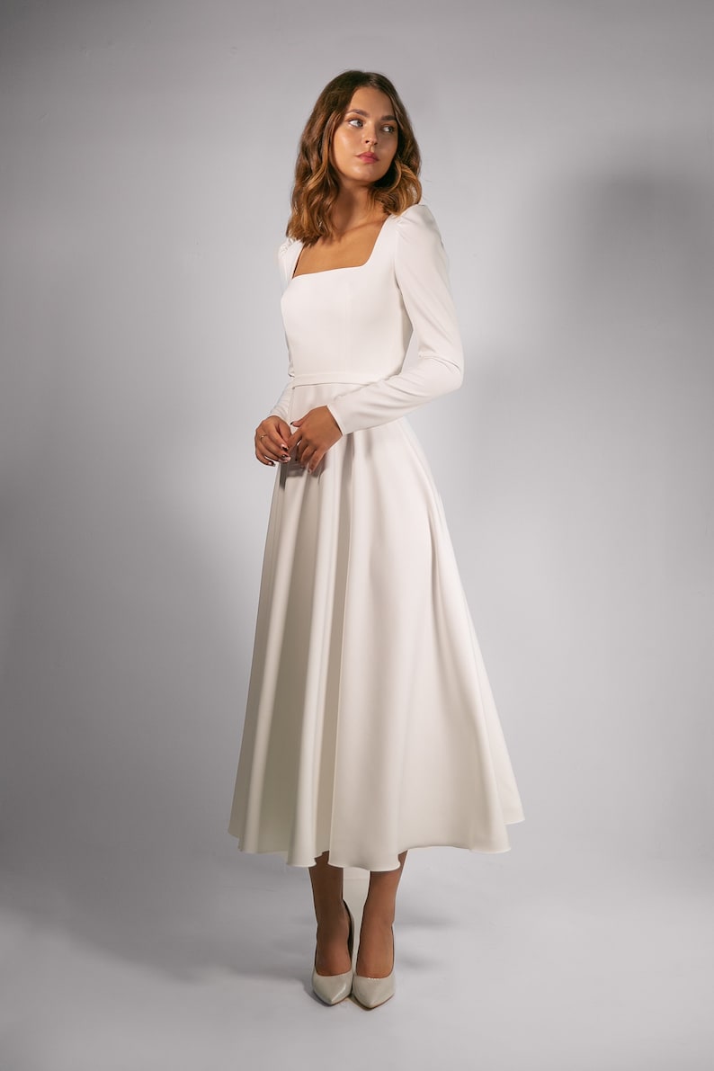 Modest wedding dress CAMILLA MIDI. Courthouse wedding dress Long sleeve dress Simple wedding dress Ivory