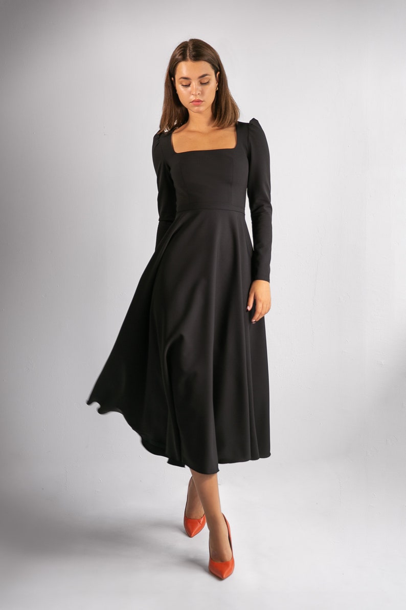 Modest wedding dress CAMILLA MIDI. Courthouse wedding dress Long sleeve dress Simple wedding dress Black