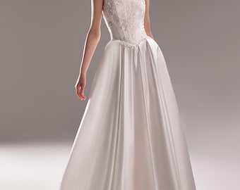 Vestido de novia de satén Demna con corsé de encaje bordado / Vestido de novia sin tirantes de corte A