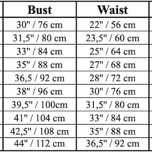 May include: A size chart for clothing with US and European sizes listed. The chart shows measurements for bust, waist, and hips in inches and centimeters.