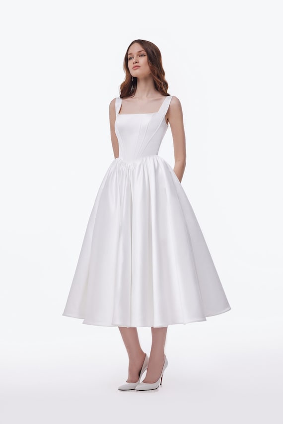 Tea Length Satin Wedding Dress Casia: Basque Waist, Corset Bodice