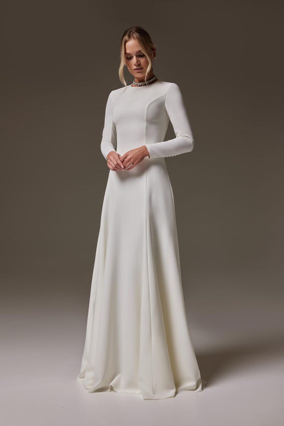 long sleeve dress for winter wedding 2024 A-line Dresses With Lace Sleeves White / US:10-12 Stay elegant and warm in our long sleeve dress for winter wedding Modest Crepe Wedding Dress: Long