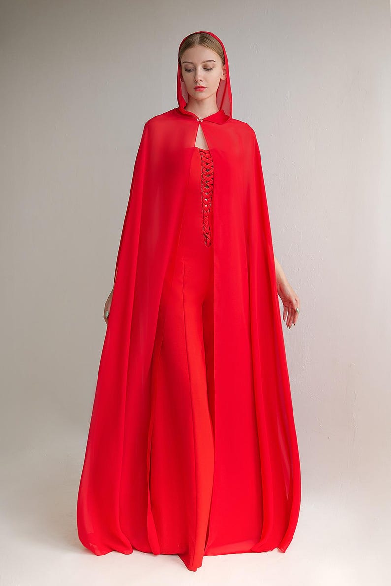 フード付きシフォンブライダルケープ：透明ウェディングカバーアップ - ウェイド Red Chiffon