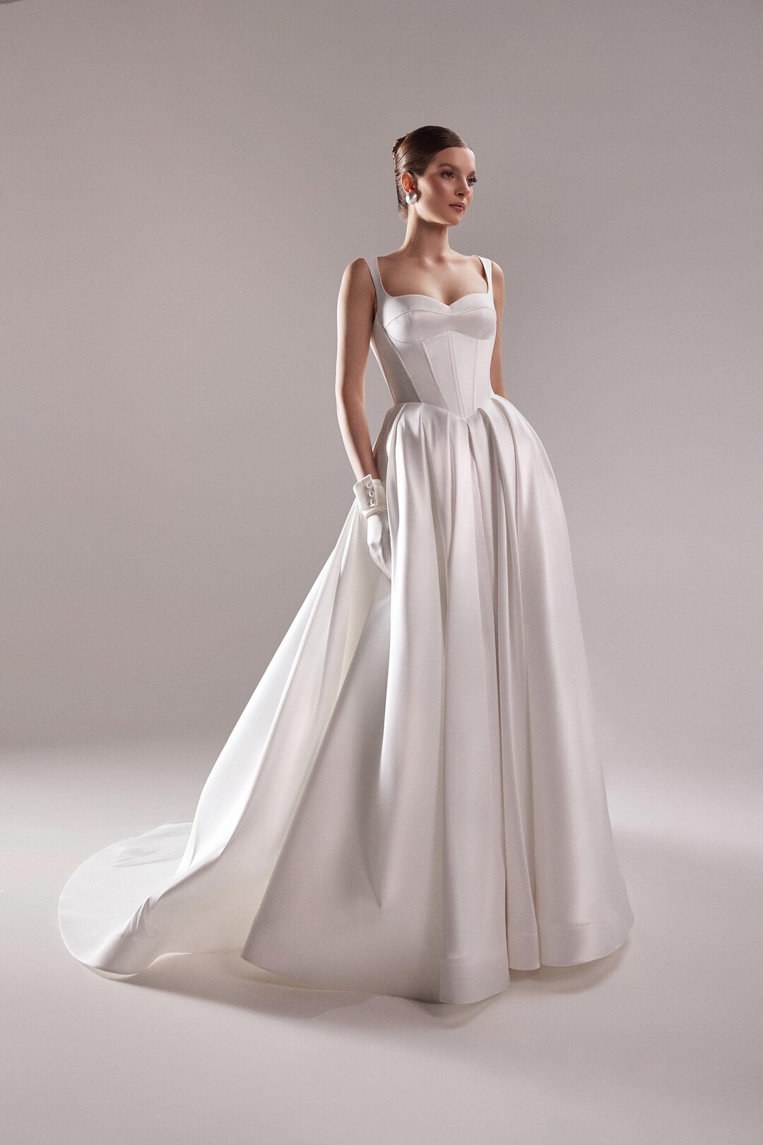 A-Line Bridal Dress with Corset | Silk Train Wedding Gown | Elegant Classic White Satin Dress main image 1