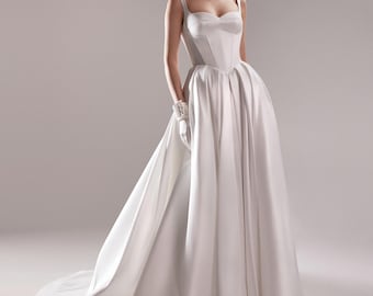 White Satin Corset Wedding Dress Antonia | Modern Bridal Gown With Train