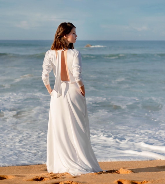 vintage minimalist wedding dress T212002 Simple Embroidered Lace & Stretch Crepe Wedding Dress with V-Neckline