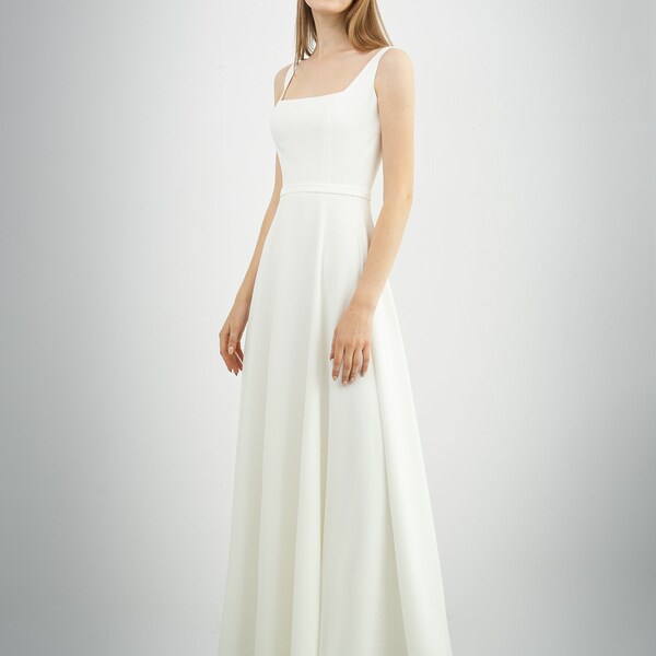 Modest wedding dress EVITA. Simple wedding dress | crepe wedding dress | A-line silhouette | square neckline