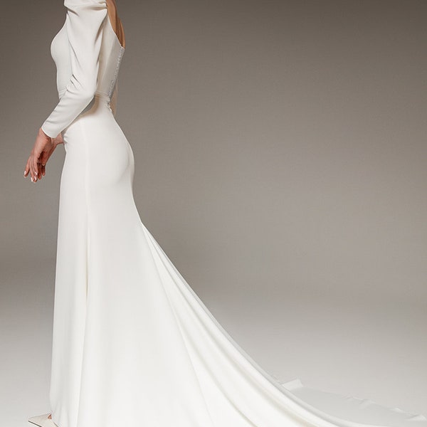 Modest wedding dress BERTA. Crepe wedding dress | square neckline | minimalist wedding dress