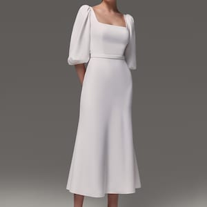 Crepe Midi Wedding Dress Tilda: Square Neck Bishop Sleeves