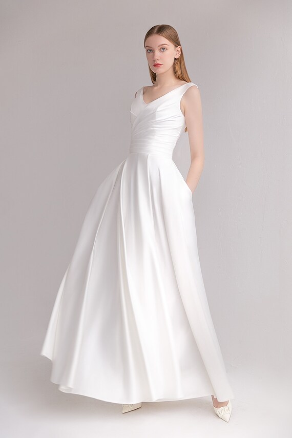 Vestido de novia de raso KATRINE. Silueta de linea A Vestido de novia sencillo Vestido de novia con clase Etsy Mexico