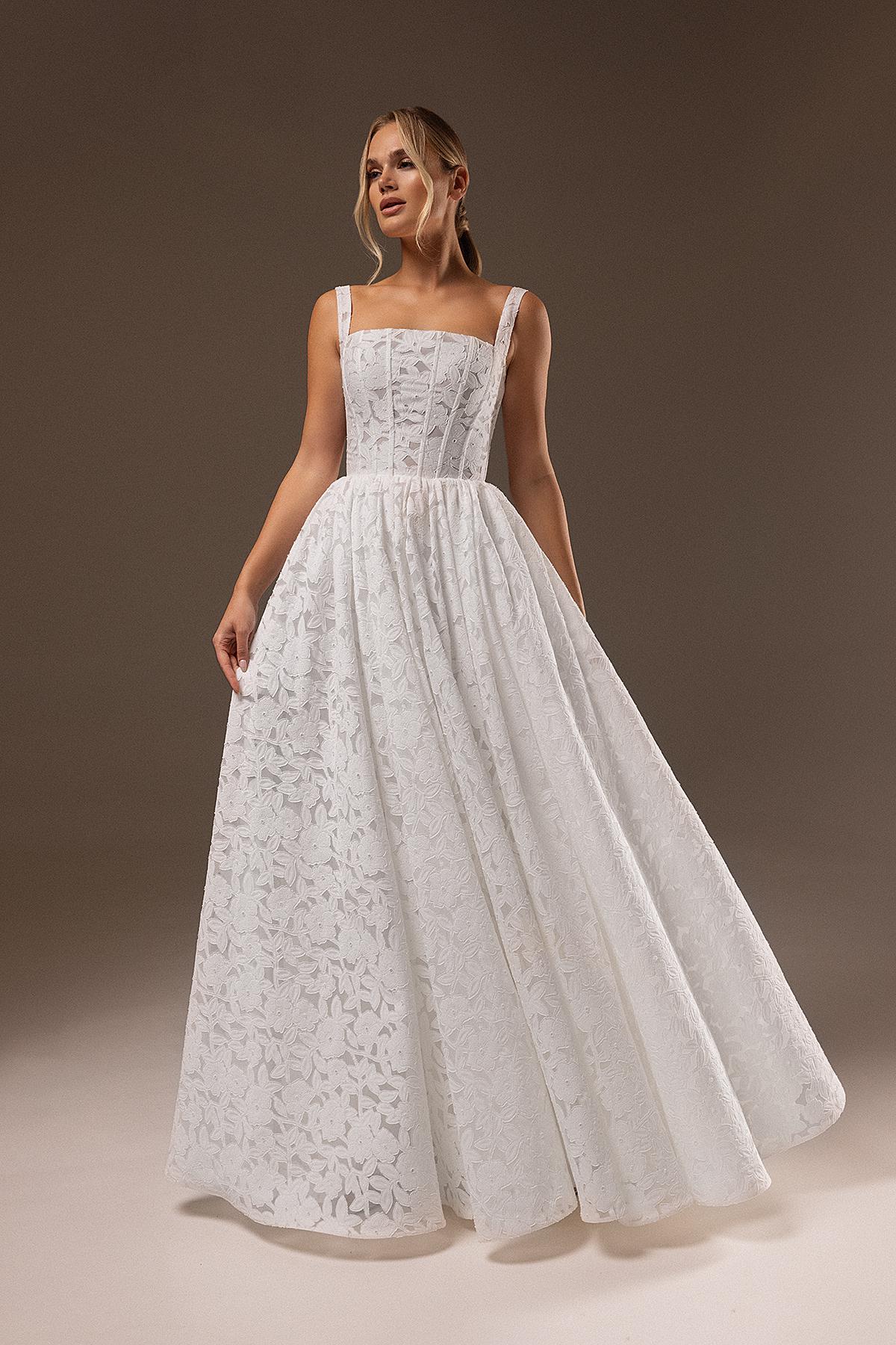 Lace A-Line Wedding Dress Ruta: Modern Square Neck, Corset Bodice Lace A-Line Wedding Dress Ruta: Modern Square Neck, Corset Bodice