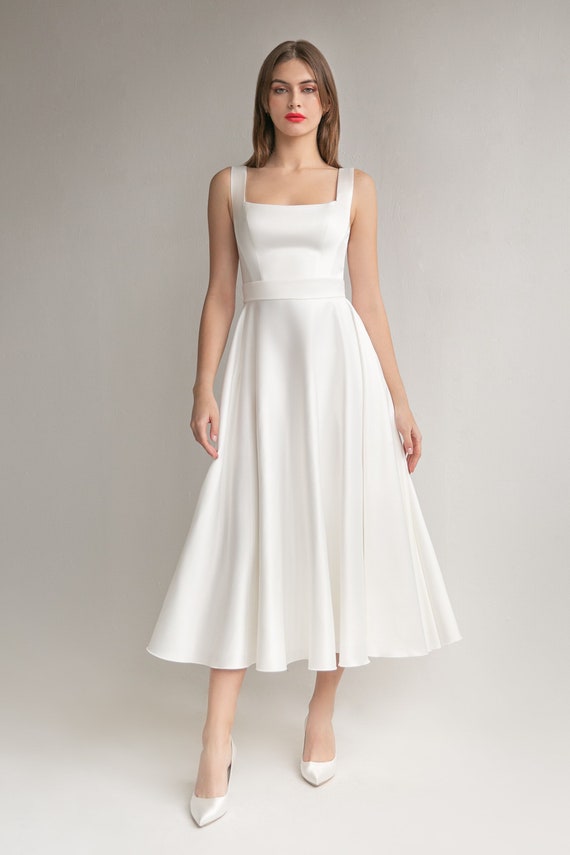 Square A Line Tea Length Ivory Satin Wedding Dress Square A Line Tea Length Ivory Satin Wedding Dress