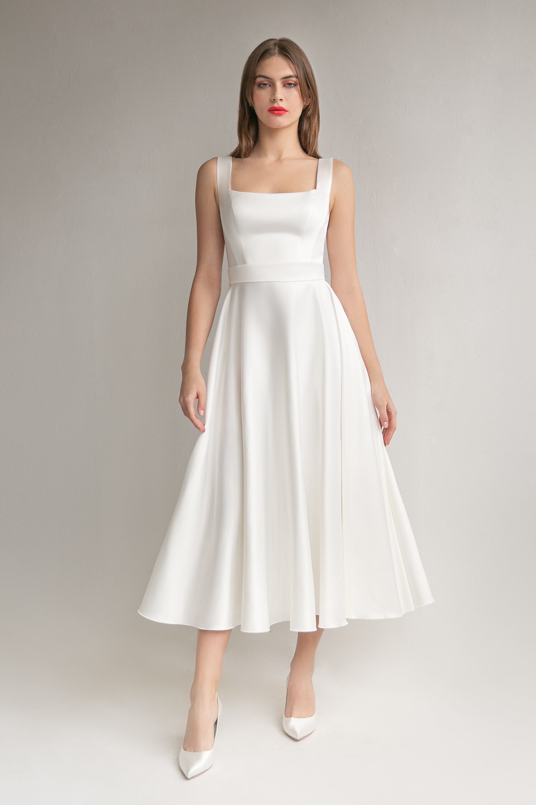 Square A Line Tea Length Ivory Satin Wedding Dress Square A Line Tea Length Ivory Satin Wedding Dress