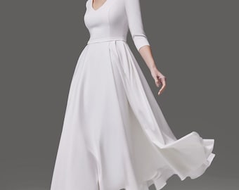 Vestido de novia midi de crepé Lera: escote en V, corte A y bolsillos