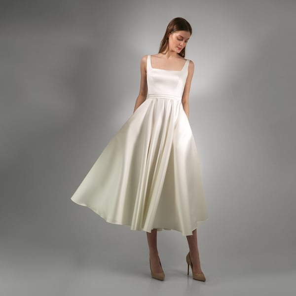 Reception dress VLADA MIDI. Midi wedding dress | Satin wedding dress | Courthouse wedding dress