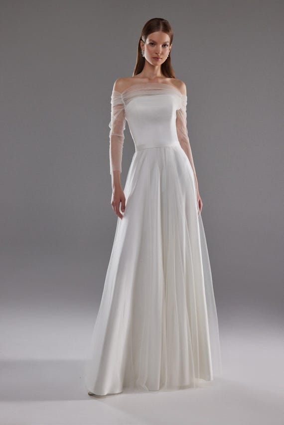 Off-the-shoulder Tulle A-line Wedding Dress Millie, Long Sleeve Bridal Gown  - Etsy