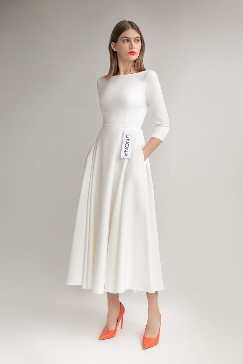 Crepe Wedding Dress JULIE MIDI. Modest Wedding Dress Boat - Etsy