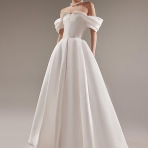 Mikado Ballgown Wedding Dress Fly: Off-Shoulder Sleeves, Lace-Up Back