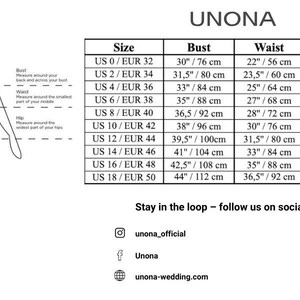 May include: A white size chart with bust, waist, and hip measurements in inches and centimeters. The chart includes sizes from US 0/EUR 32 to US 18/EUR 50. A line drawing of a person is on the left side of the chart.