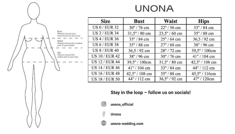 May include: A white size chart with bust, waist, and hip measurements in inches and centimeters. The chart includes sizes from US 0/EUR 32 to US 18/EUR 50. A line drawing of a person is on the left side of the chart.