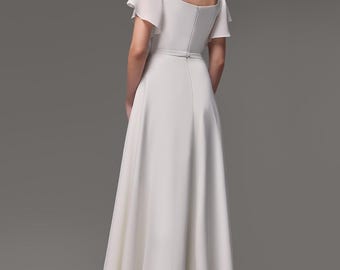 Flutter Sleeve Crepe Wedding Dress Edda: Simple A-Line Chiffon Gown