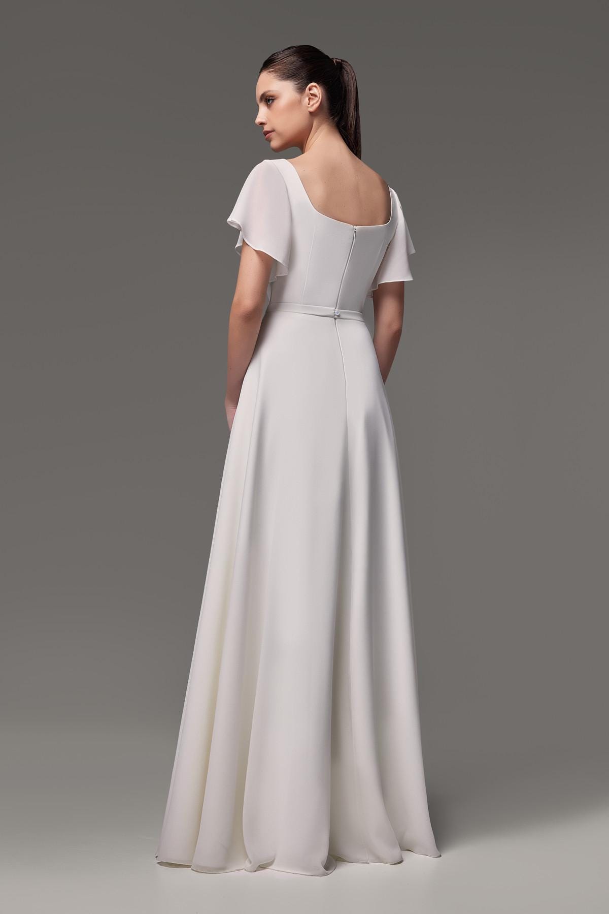 Flutter Sleeve Crepe Wedding Dress Edda: Simple A-Line Chiffon Gown