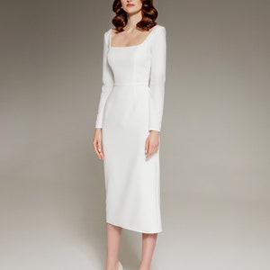 Crepe Long Sleeve Midi Wedding Dress Viola: Square Neck, Minimalist Elopement Dress