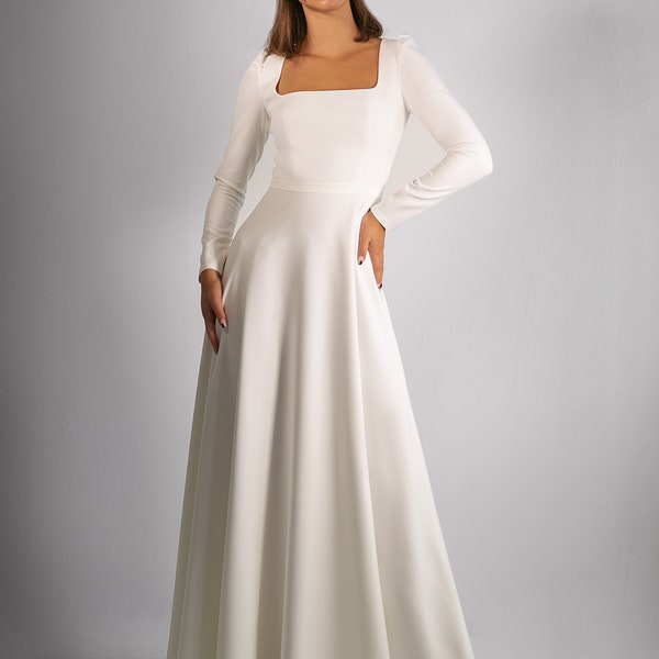 Krepp-Brautkleid Camilla. Winterhochzeitskleid | langes Hochzeitskleid | weißes Hochzeitskleid