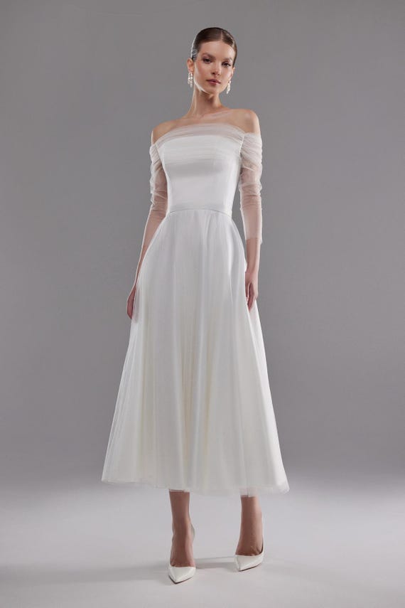 Tulle Midi Wedding Dress Millie: Romantic Off-Shoulder A-Line Bridal Gown