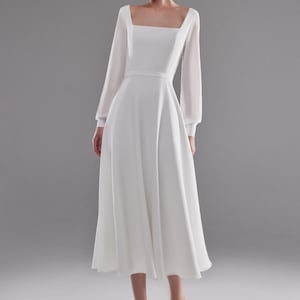 Minimalist Midi Wedding Dress Edison: Chiffon Sleeves, Modern Bridal Gown