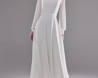 Minimalistisches Midi-Hochzeitskleid Edison: Modernes Brautkleid mit Chiffonärmeln