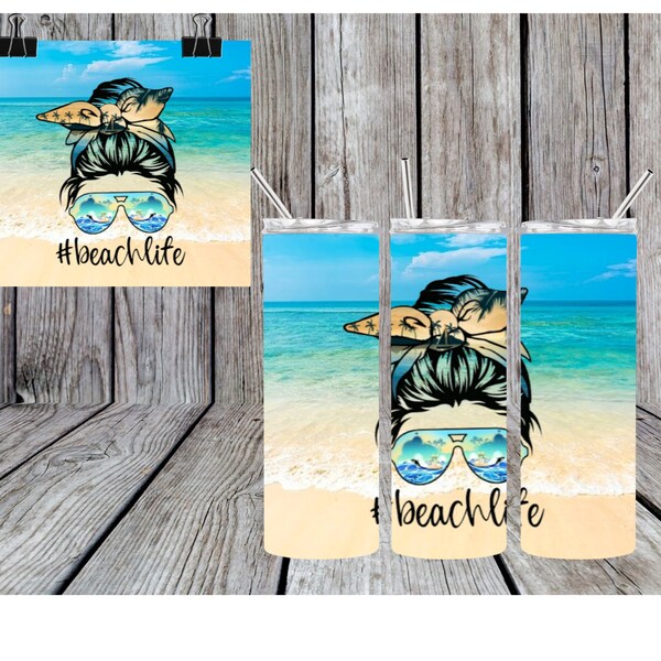 Beach life, Beach, Summer, Ocean, Sand, Vacation, Sunny, Water, Travel Cup, Gifts, Travel mug, Blue sky, Bun