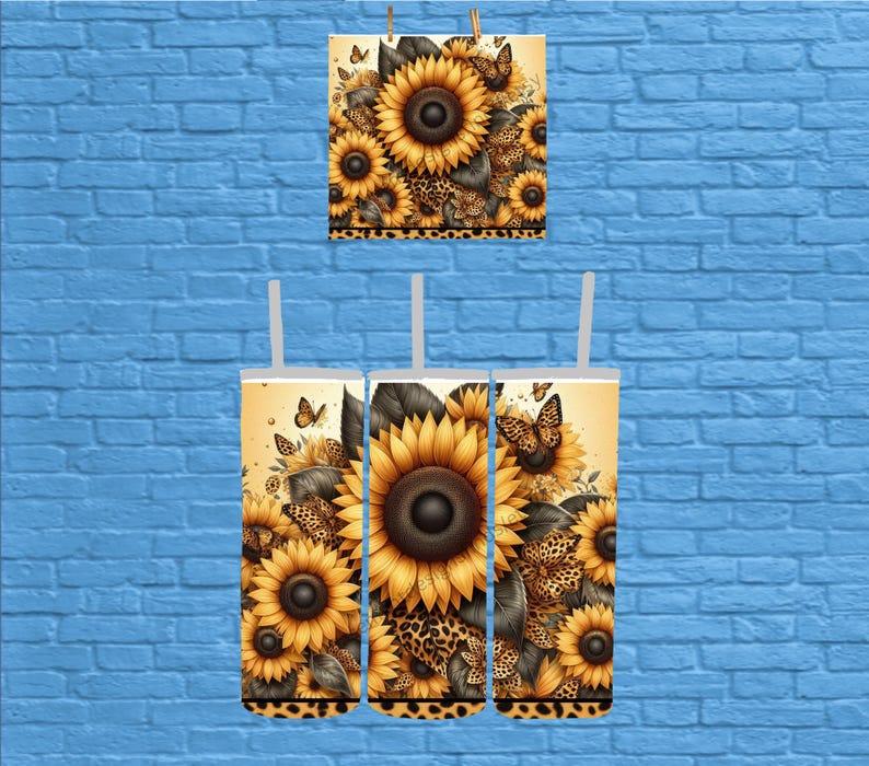 May include: Three 20 oz stainless steel tumblers with a sunflower and leopard print design. The tumblers have lids and straws.