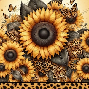 Puede incluir: Una ilustración digital de un ramo de girasoles con hojas marrones y mariposas de estampado de leopardo. El fondo es de color amarillo claro.