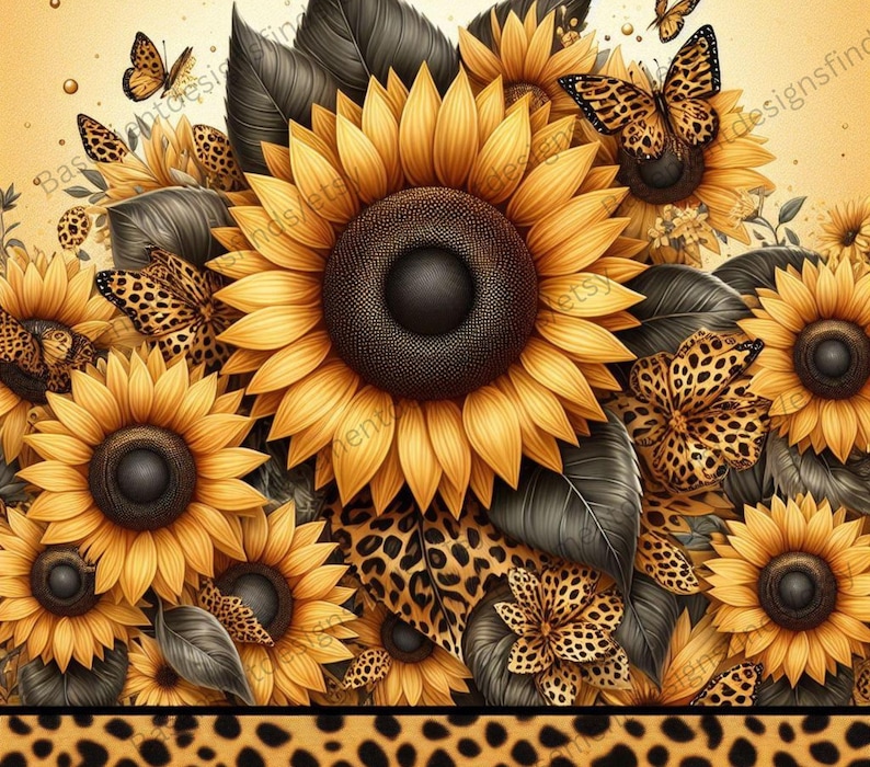 May include: A digital illustration of a bouquet of sunflowers with brown leaves and leopard print butterflies. The background is a light yellow color.