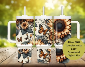 Sunflower Butterfly 40oz Tumbler Wrap: Floral PNG (Digital Download)