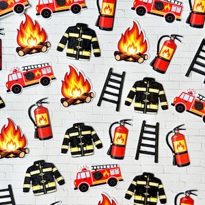 May include: A collection of firefighter-themed stickers featuring red fire trucks, black turnout coats with yellow reflective stripes, red fire extinguishers with flame icons, black ladders, and orange and yellow campfire illustrations.