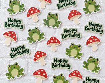 Kikker verjaardagsconfetti, vrolijke verjaardagstafeldecoratie, paddenstoelconfetti, bosthema verjaardagsfeestdecoraties, cottagecore feestdecoratie