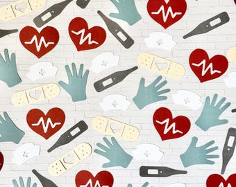 Piezas de confeti médico • Decoración para fiesta de enfermeras • Confeti para graduación en el sector salud • Decoración de mesa con temática médica • Guante con termómetro cardíaco y vendaje